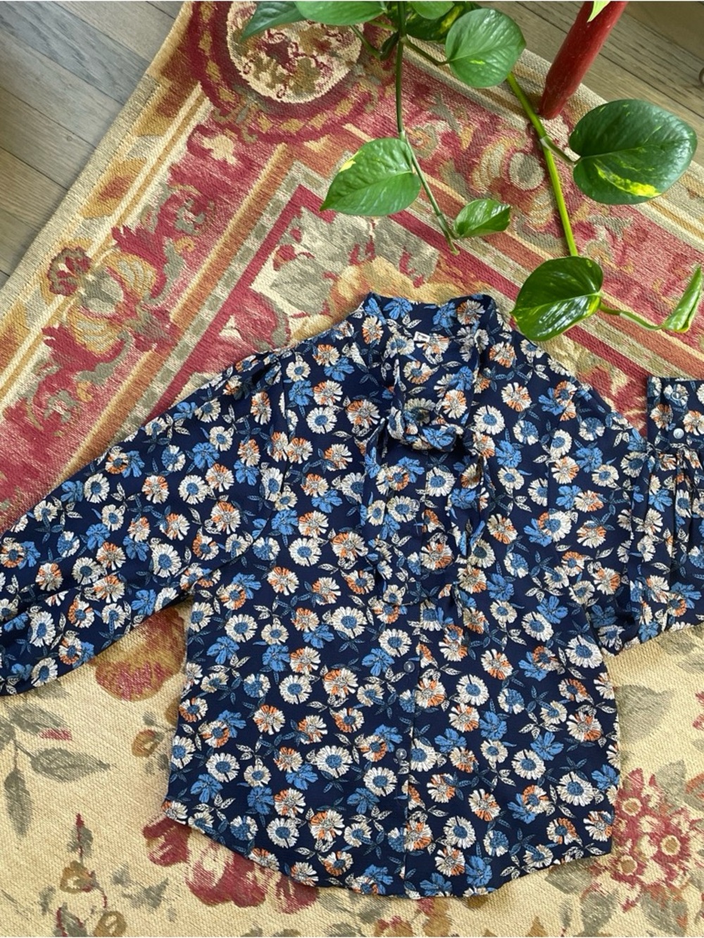 Navy Floral Button-Up Blouse